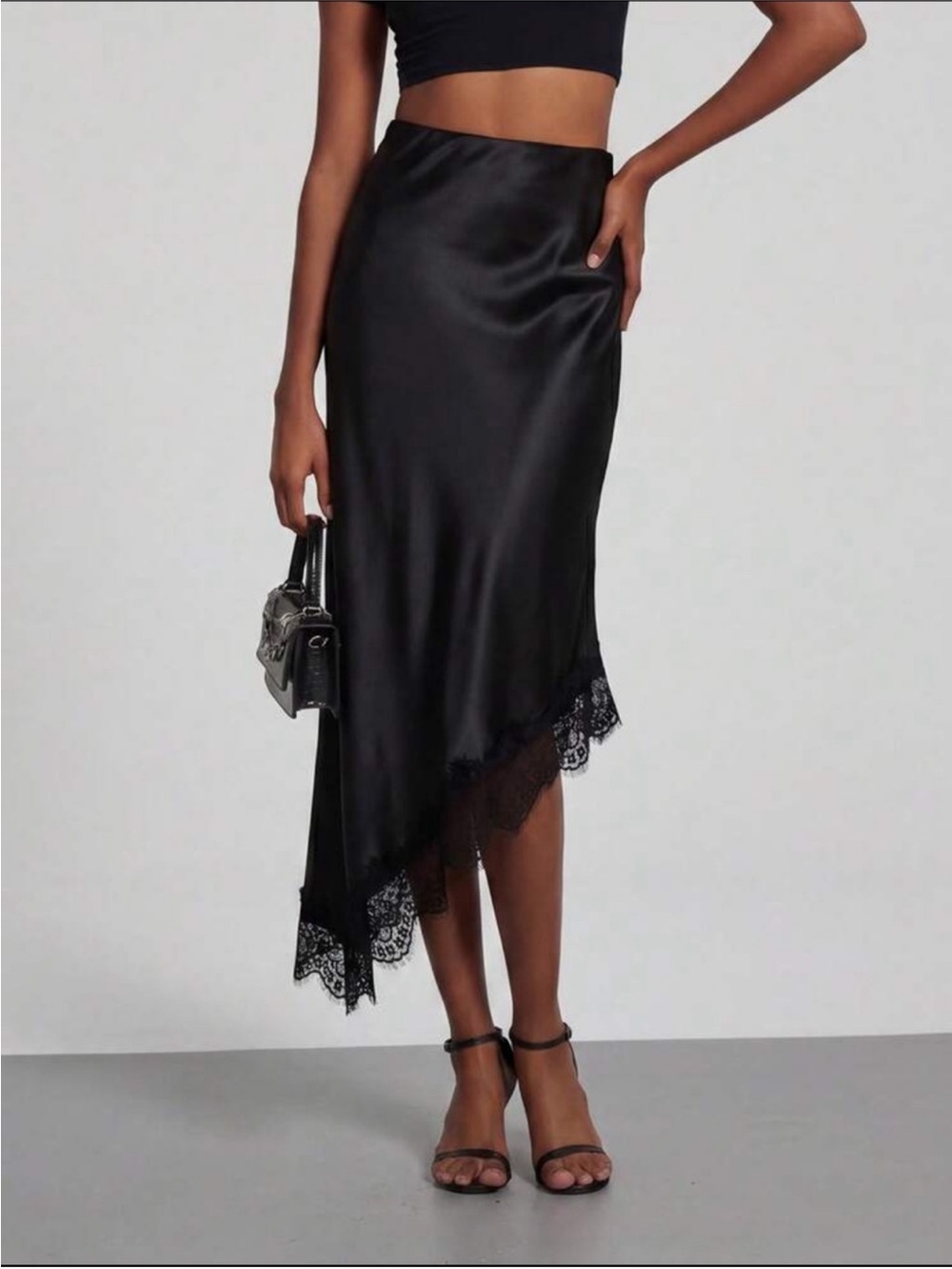 Satin Lace-Trim Asymmetrical High Rise Midi Skirt - Black